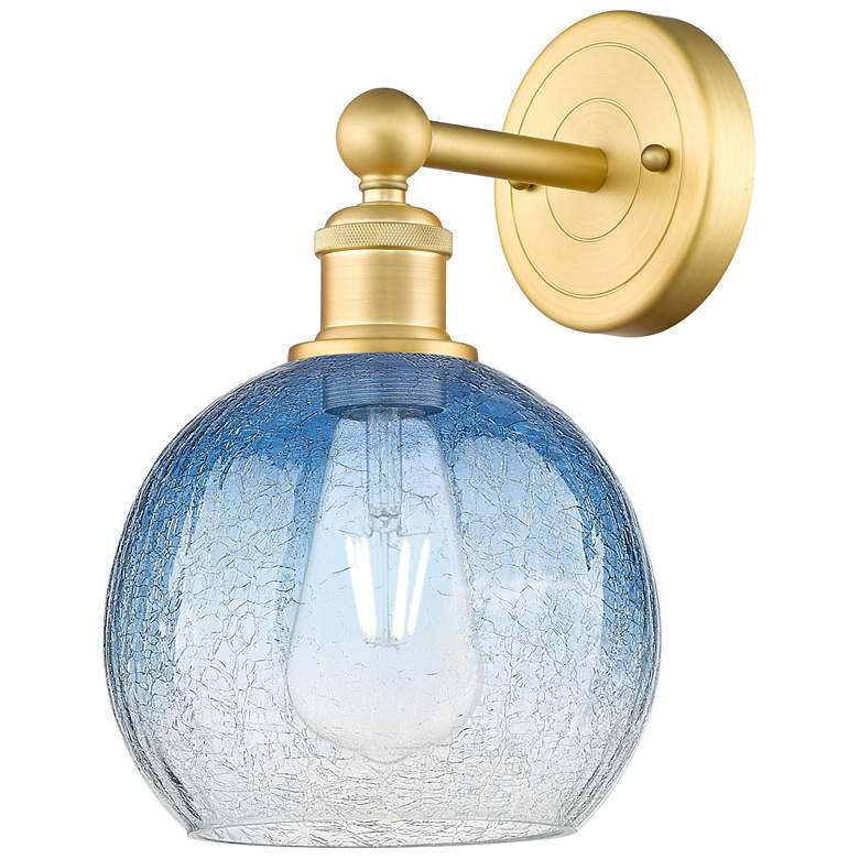 Image 1 Brookhaven Globe 12" High Satin Gold Sconce with Sapphire Blue Shade