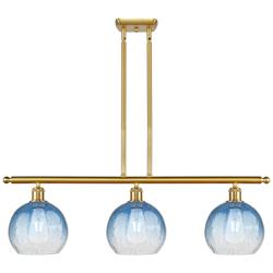 Brookhaven Globe 36"W 3-Light Satin Gold Island Light w/ Sapphire Shade