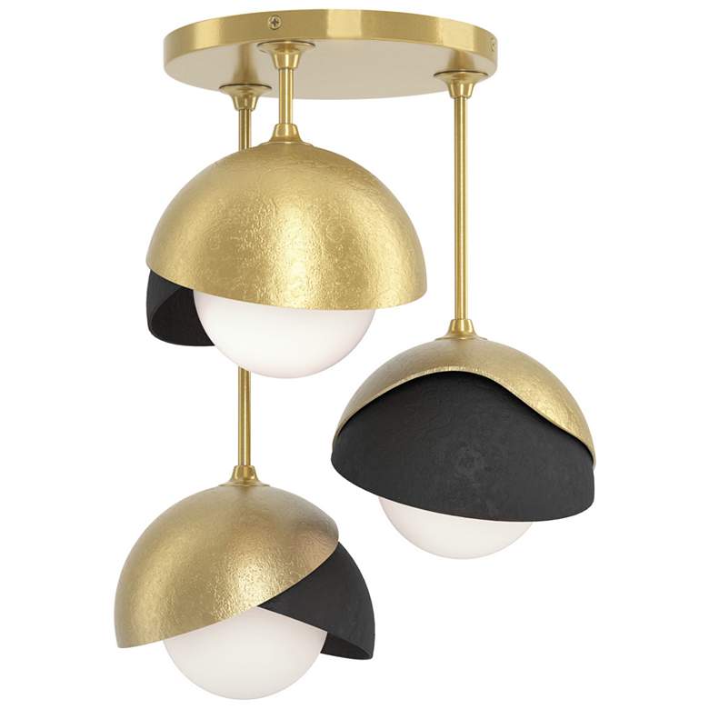 Image 1 Brooklyn 3-Light Double Shade Semi-Flush - Brass - Black - Opal Glass
