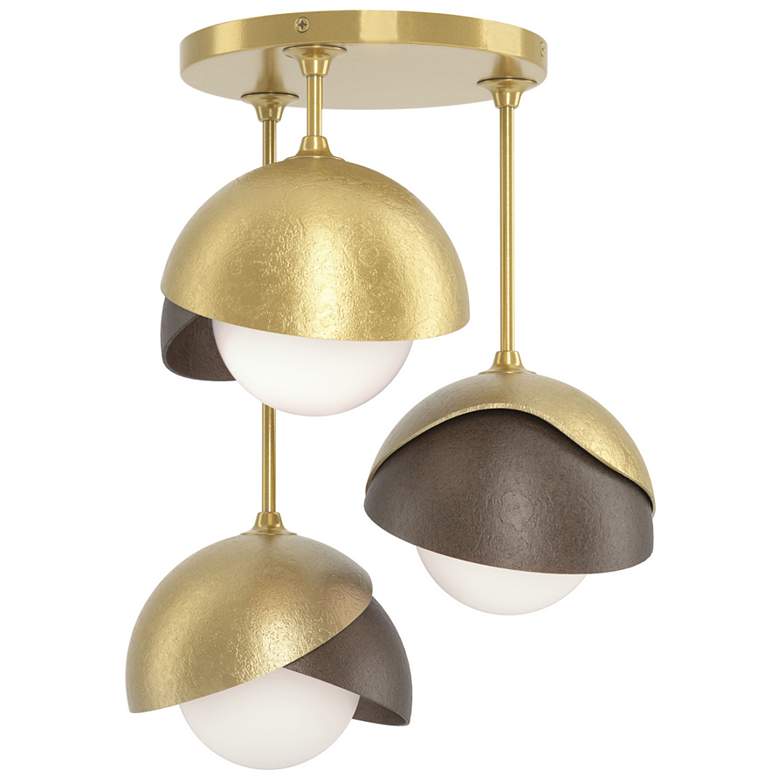 Image 1 Brooklyn 3-Light Double Shade Semi-Flush - Brass - Bronze - Opal Glass