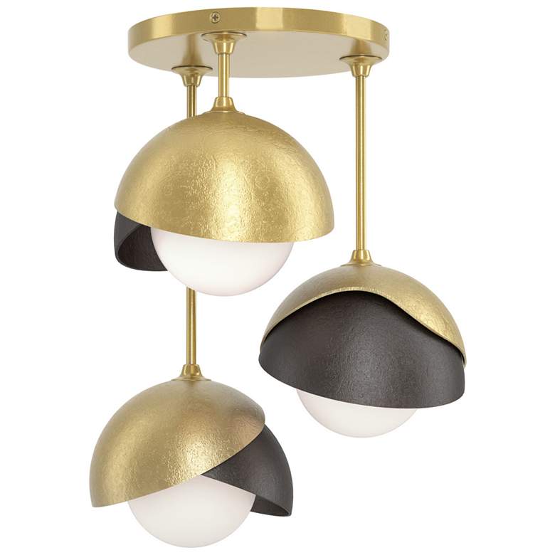 Image 1 Brooklyn 3-Light Double Shade Semi-Flush - Brass - Bronze - Opal Glass