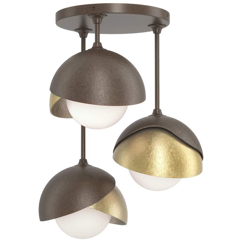 Image 1 Brooklyn 3-Light Double Shade Semi-Flush - Bronze - Brass - Opal Glass