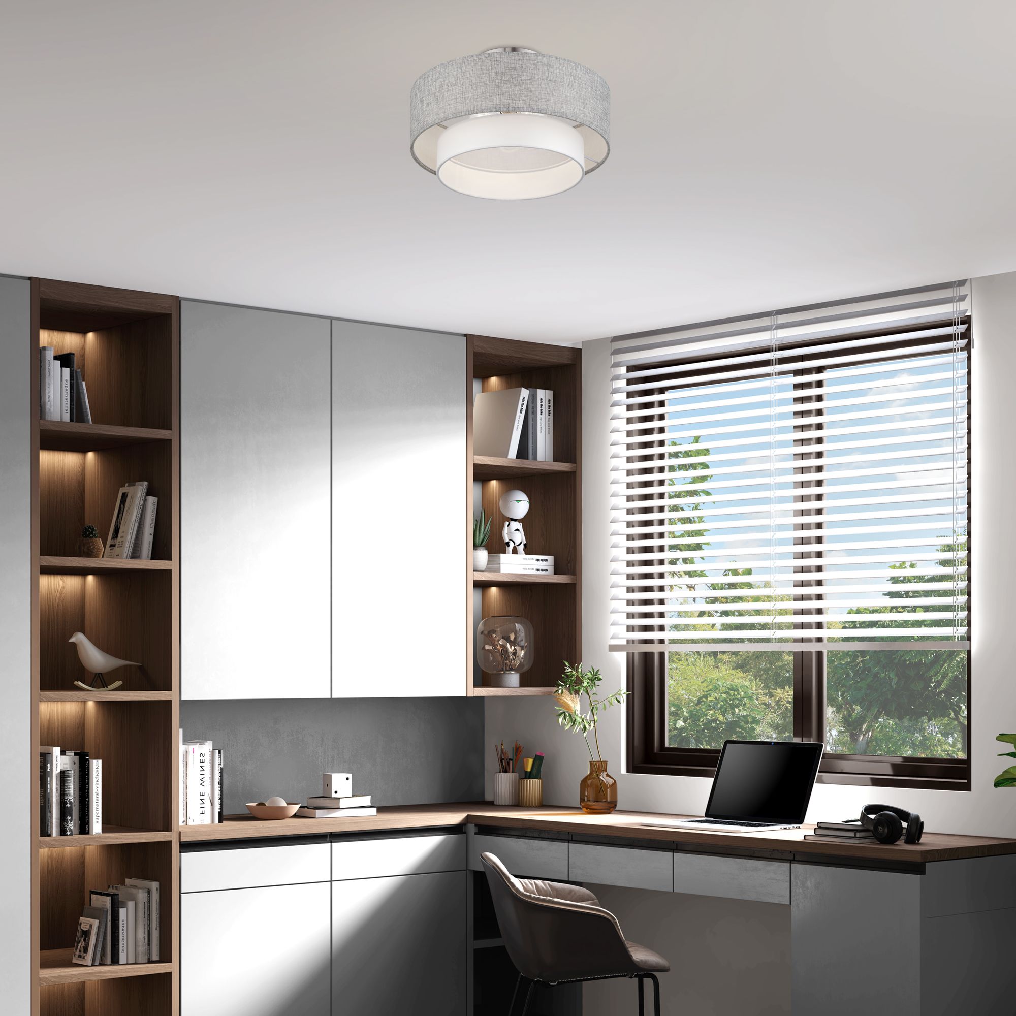 Brookmeade 3 Light Semi-Flush with Gray and White Fabric Shades