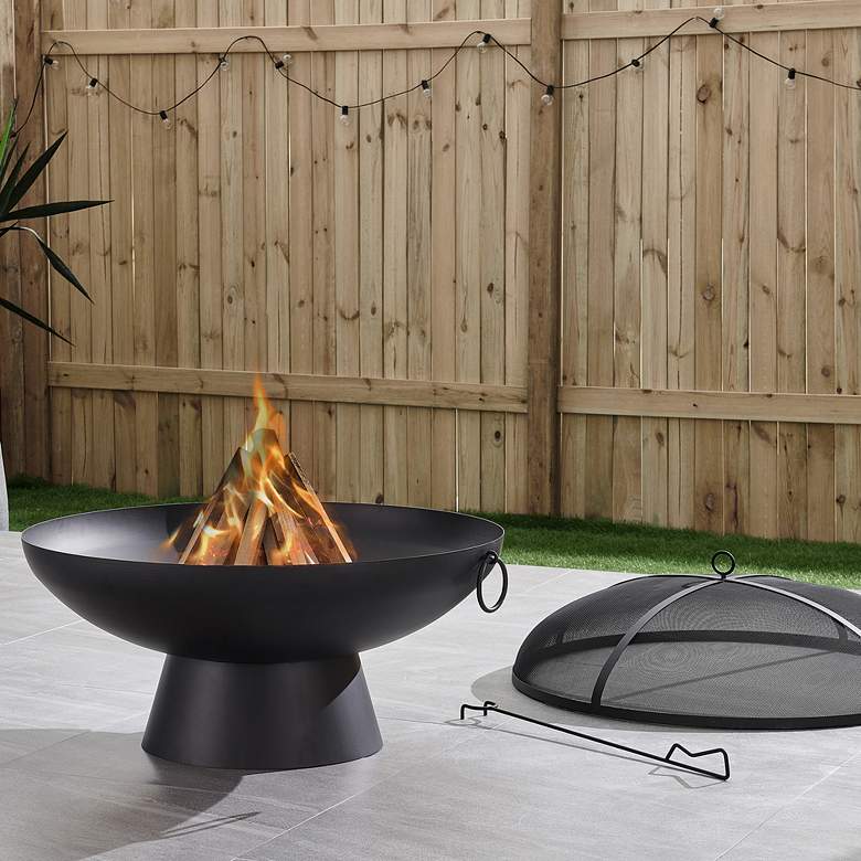 Image 1 Brooks 31 1/2"W Black Round Wood Burning Outdoor Fire Pit