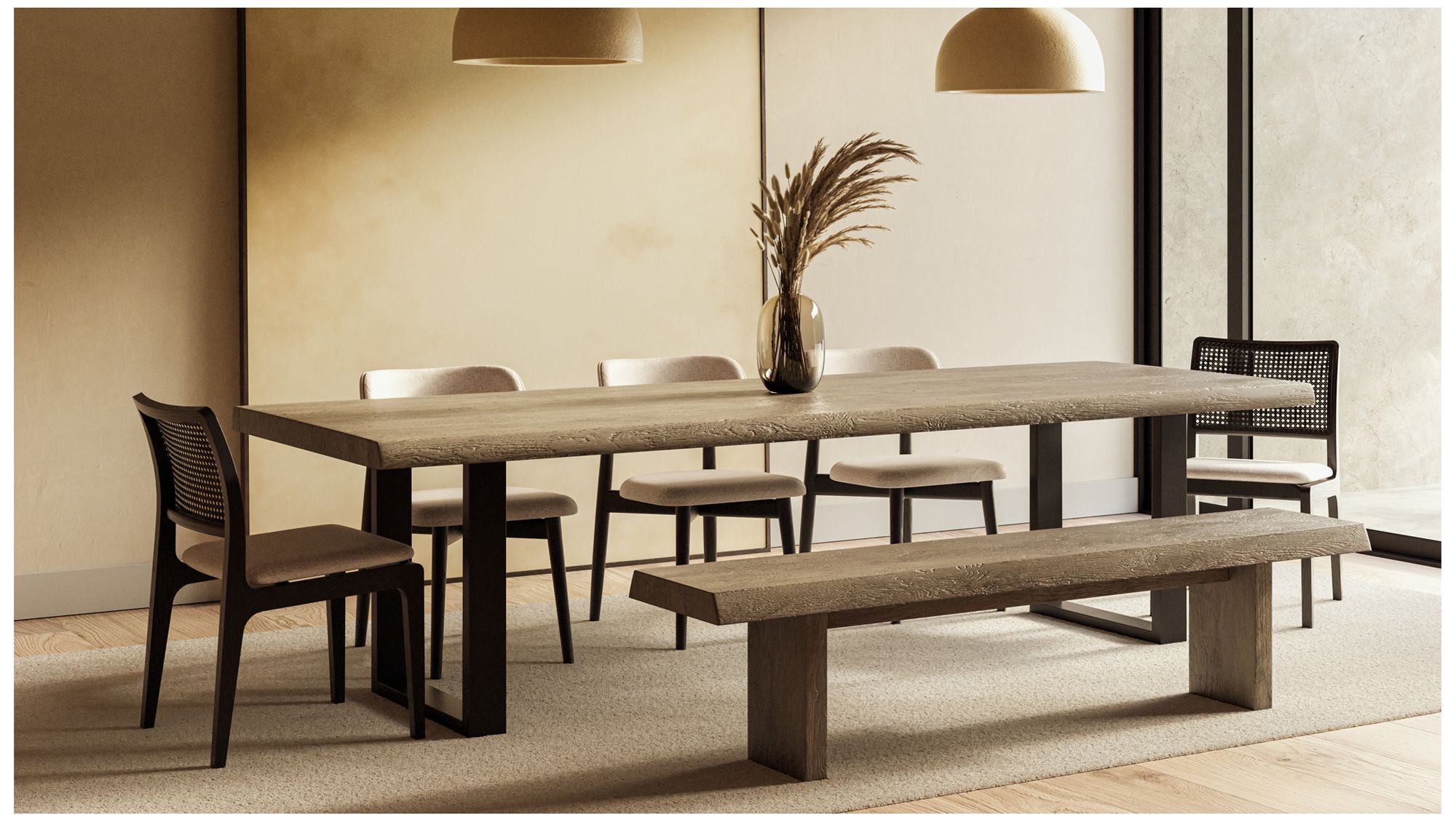 Brooks Dining Table U Base 40" x 92" Sandblasted Grey Top Black Base