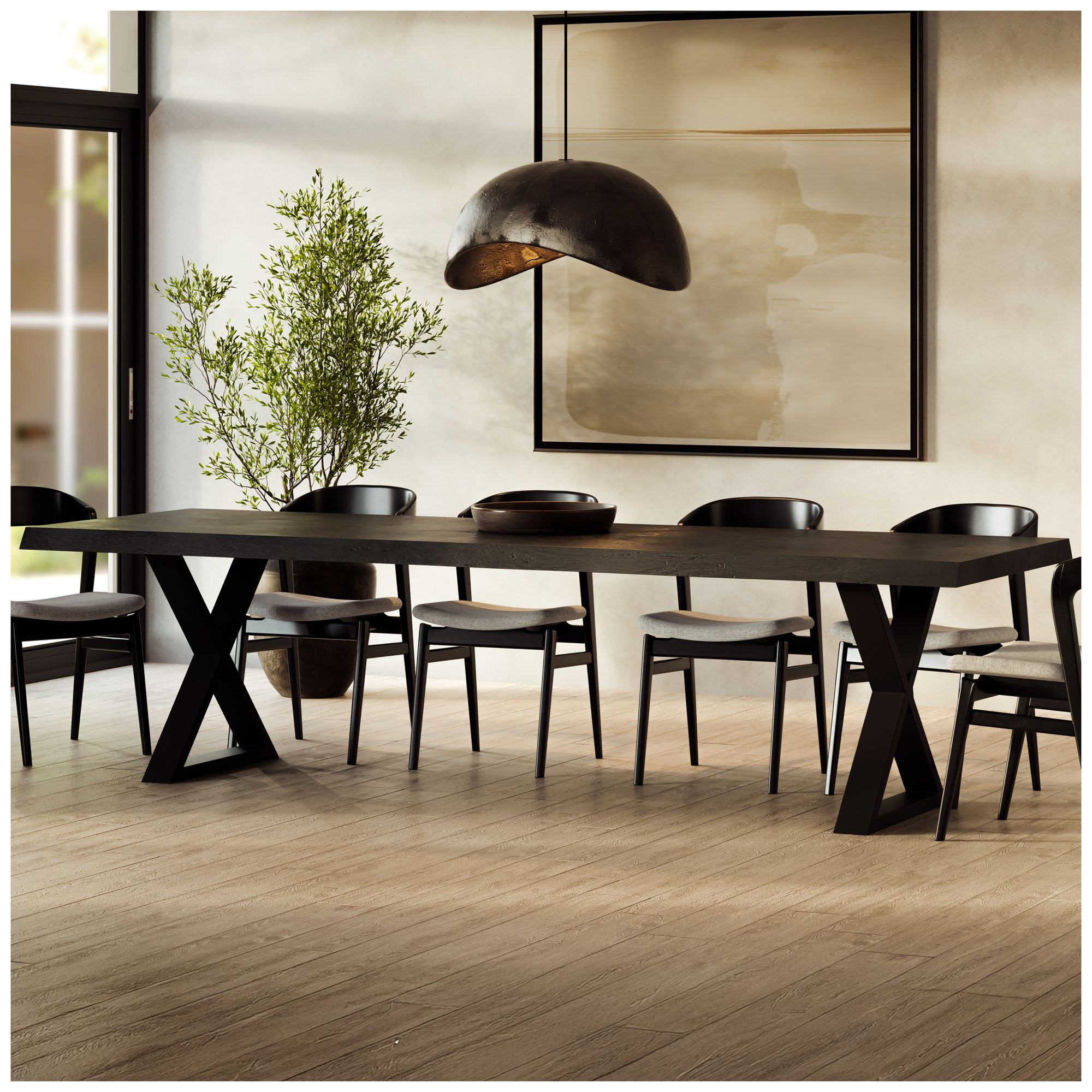 Brooks Dining Table X Base 40" x 92" Ebonized Top Brass Base