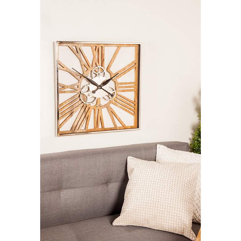 Image 1 Brown and Silver 24 inch Square Wood Framed Wall Clock