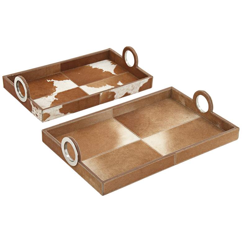 Image 1 Brown Hide Leather Wood 2-Piece Rectangle Trays