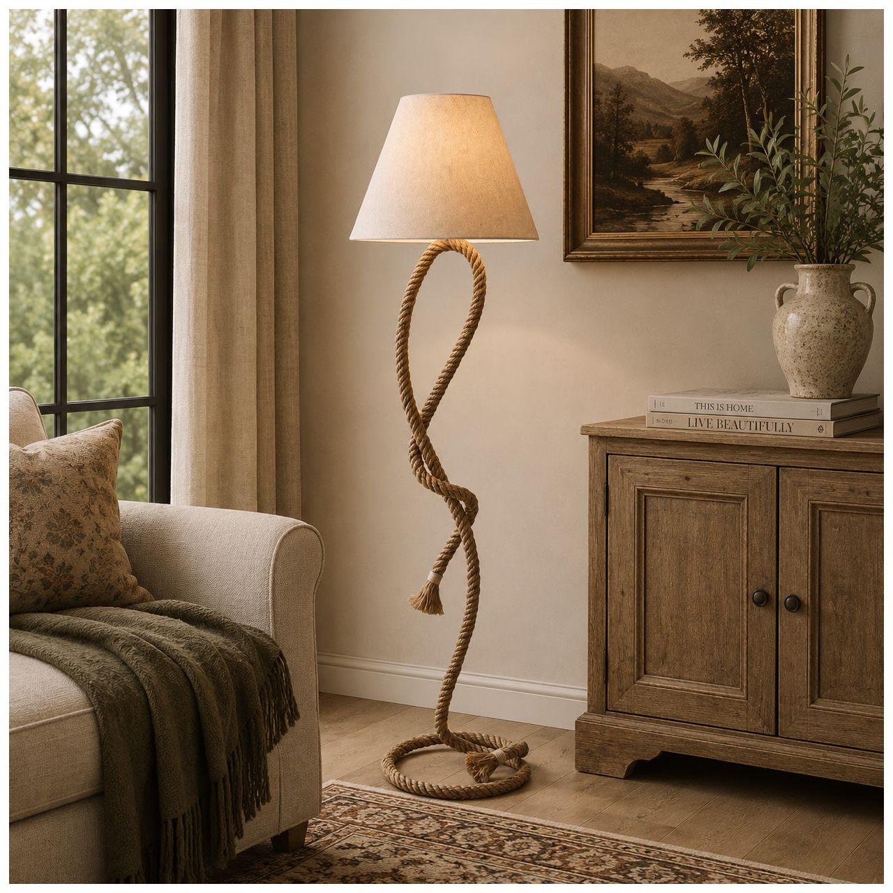 Image 4 Brown Jute Rope Rustic Floor Lamp, 18" x 18" x 63" more views