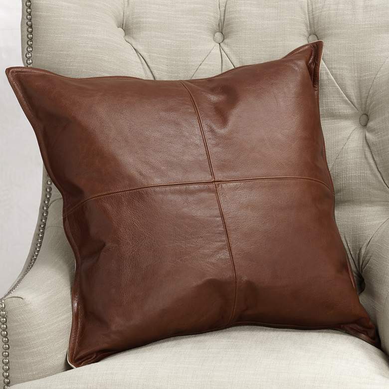 Image 1 Brown Leather 22 inch Square Decorative Pillow