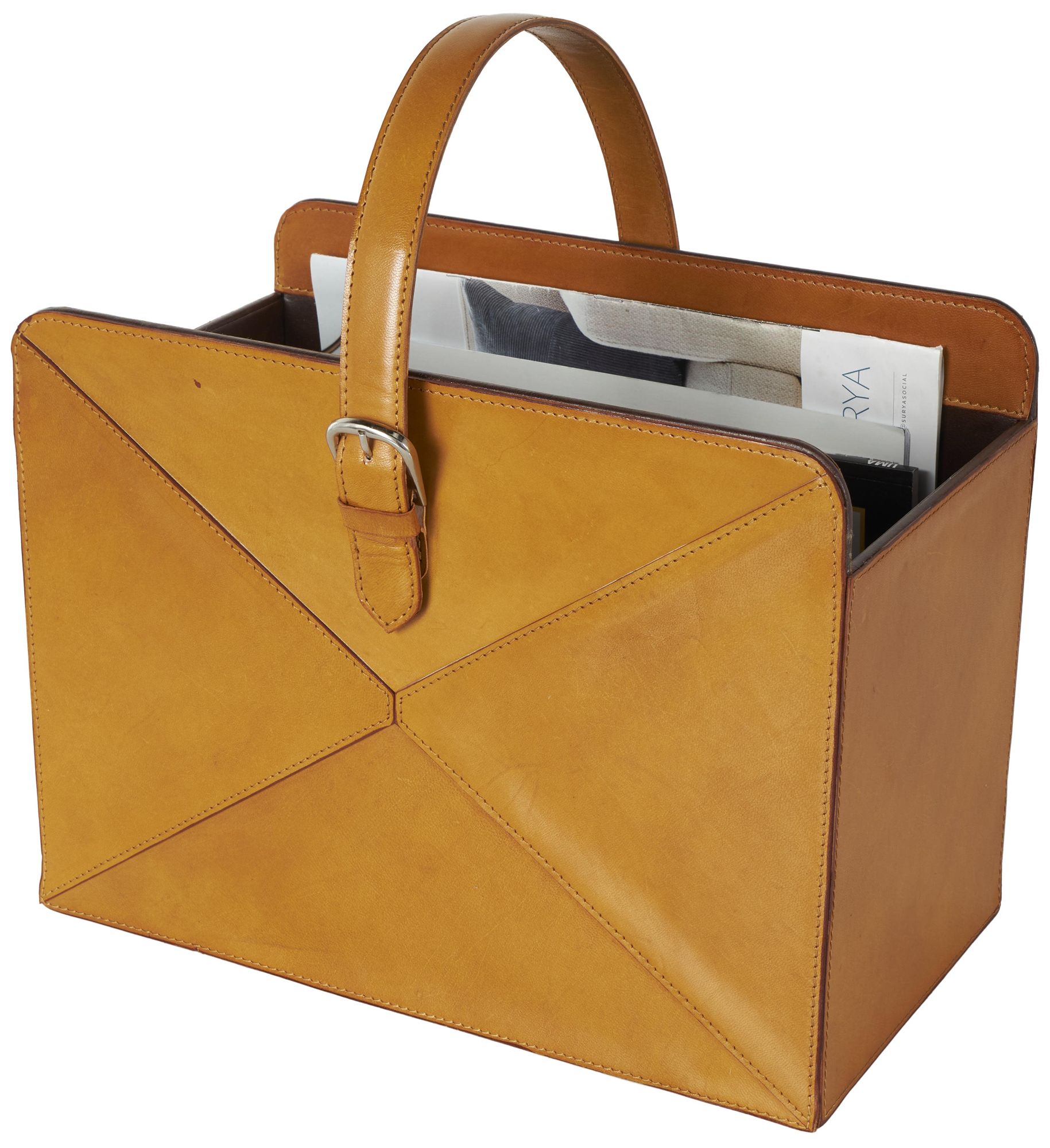 Image 2 Brown Leather Modern Magazine Holder, 15" x 10" x 17"