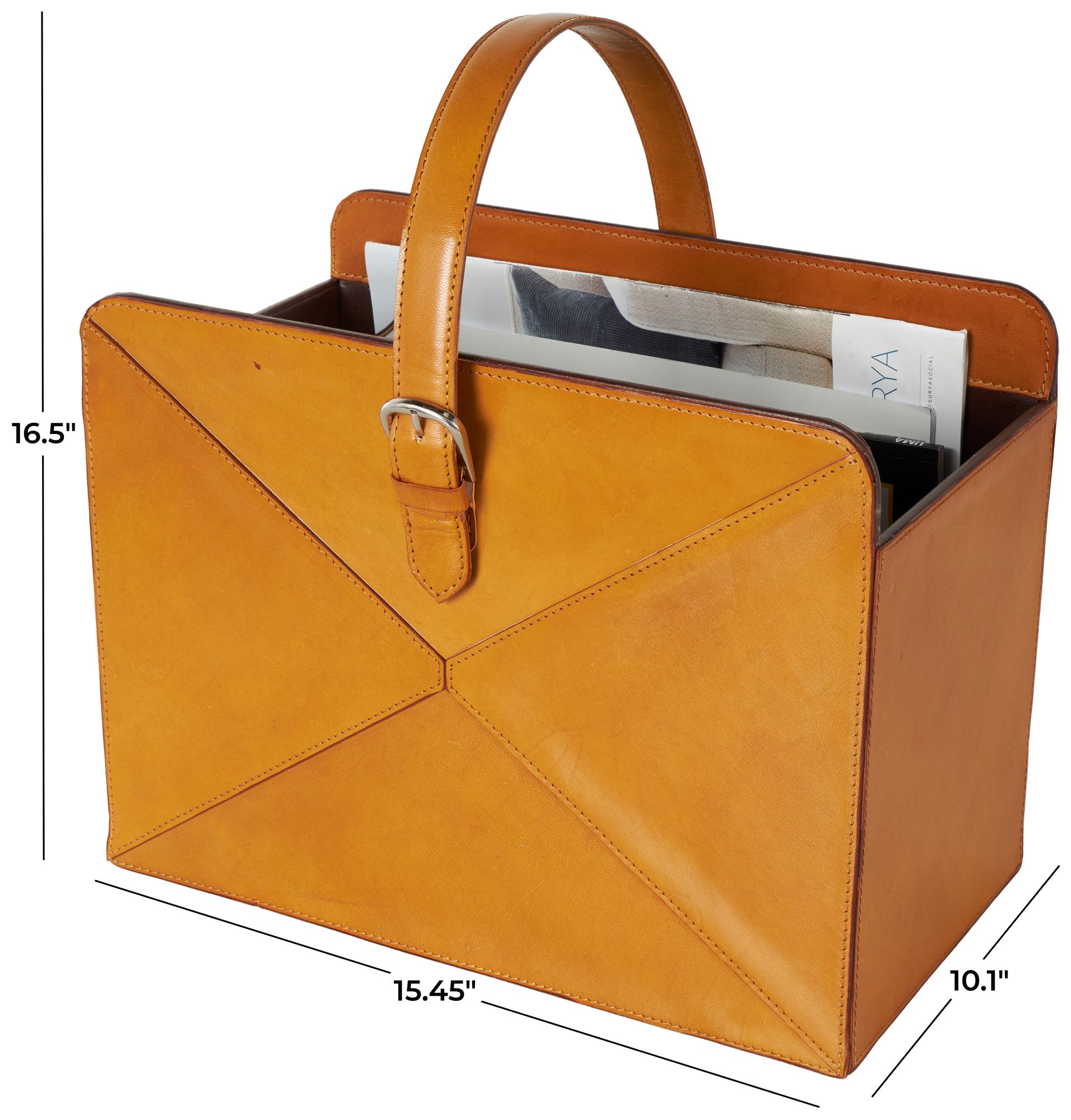 Image 7 Brown Leather Modern Magazine Holder, 15" x 10" x 17" more views