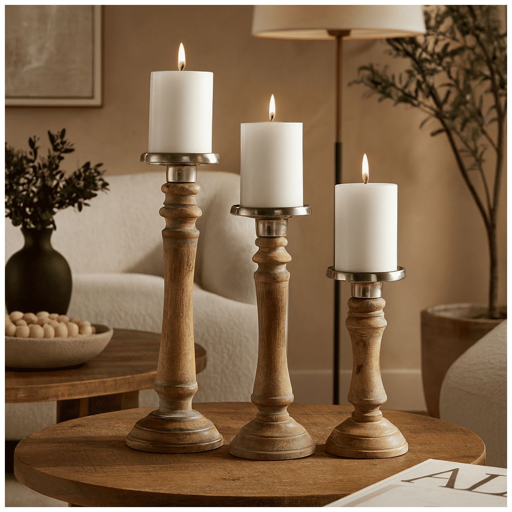 Image 4 Brown Mango Wood Traditional Candle Holder, S/3 9", 12", 15"H more views