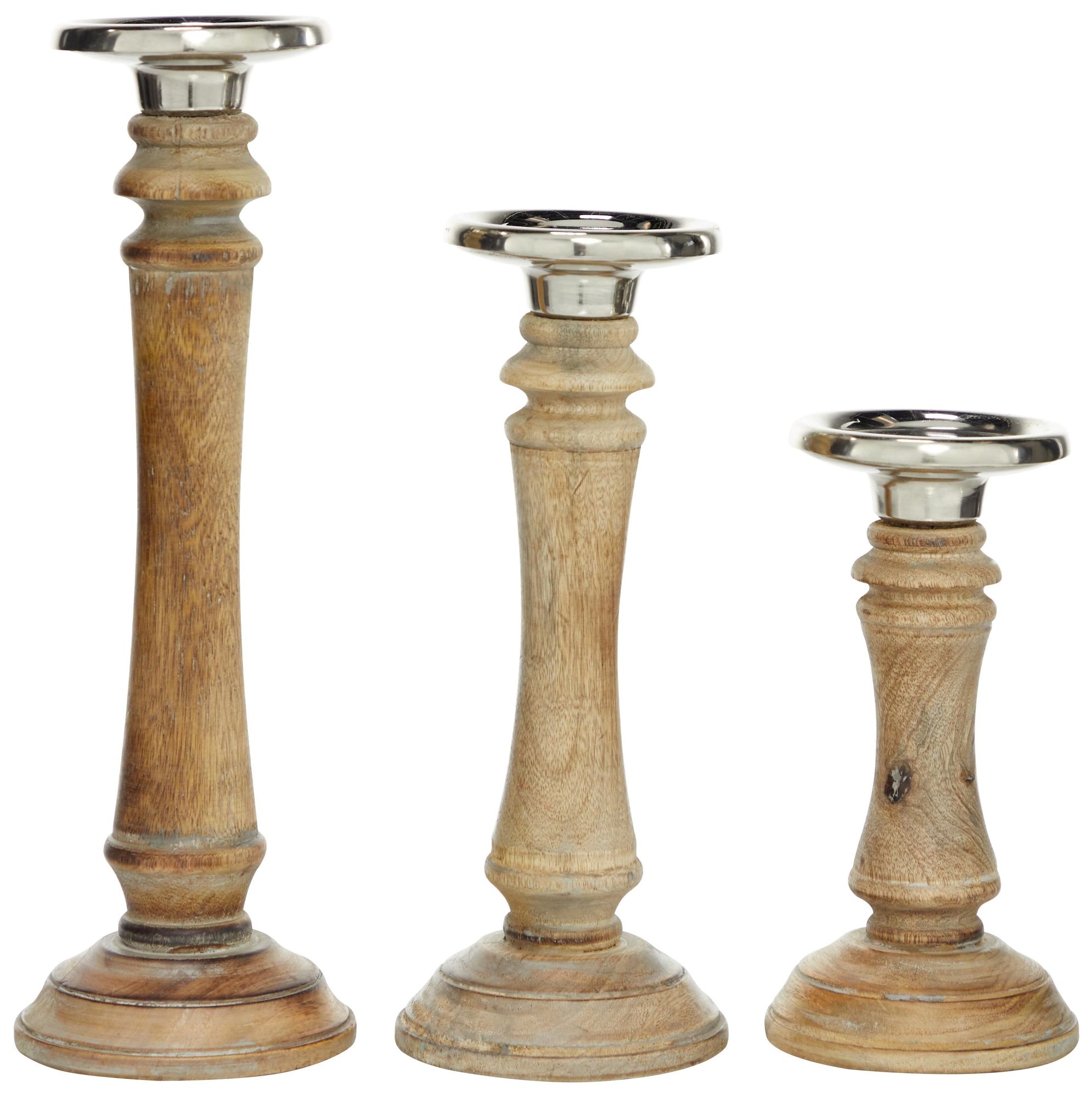 Image 5 Brown Mango Wood Traditional Candle Holder, S/3 9", 12", 15"H more views