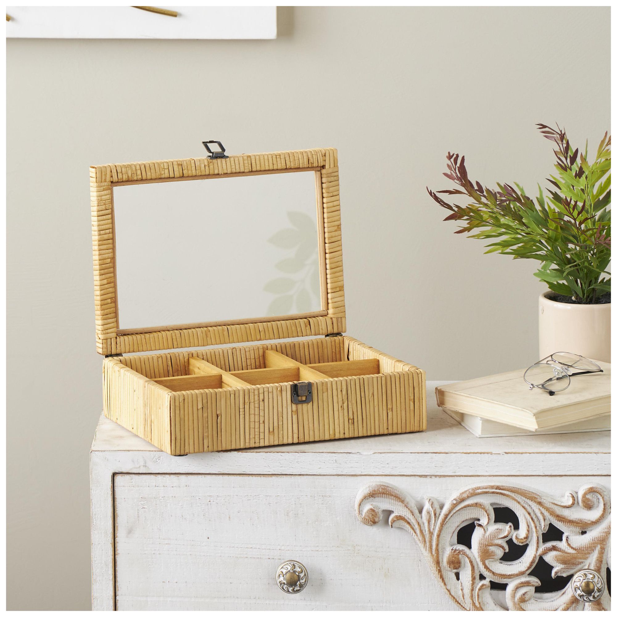 Image 4 Brown Rattan Farmhouse Jewelry Box, 12" x 9" x 4" more views