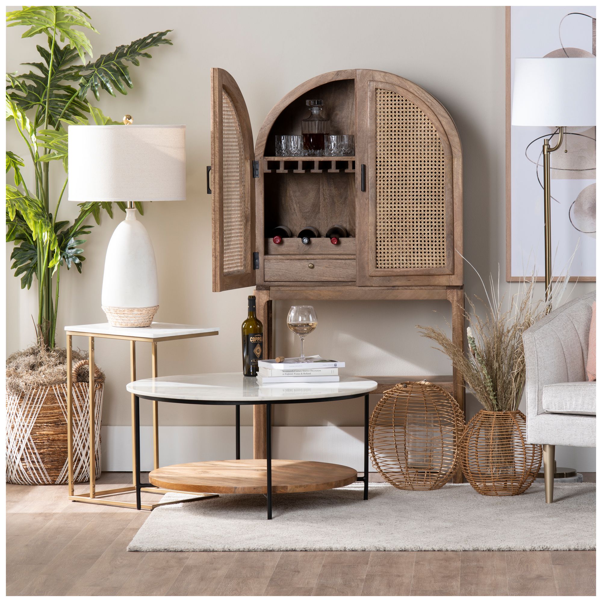 Image 5 Brown Solid Wood 2 Drawer 2 Door Wine Cabinet with Cane Door Fronts more views