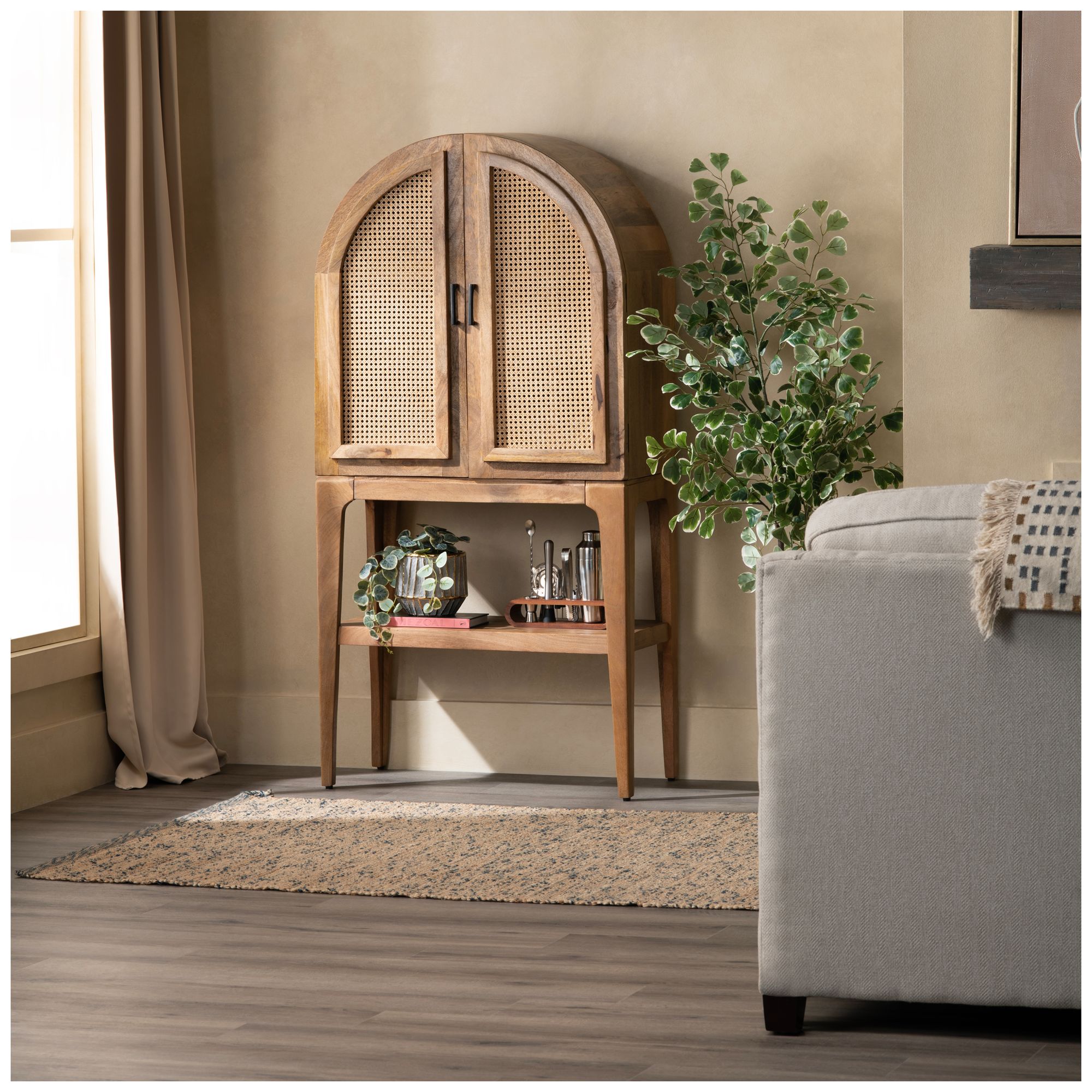 Image 7 Brown Solid Wood 2 Drawer 2 Door Wine Cabinet with Cane Door Fronts more views