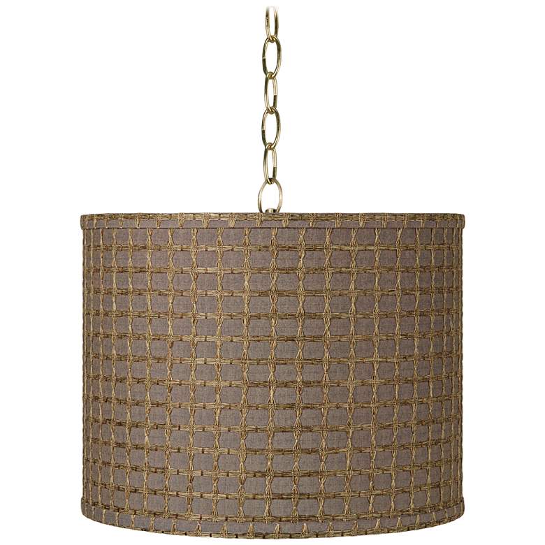 Image 1 Brown Tan Weave 14 inchW Antique Brass Shaded Pendant Light