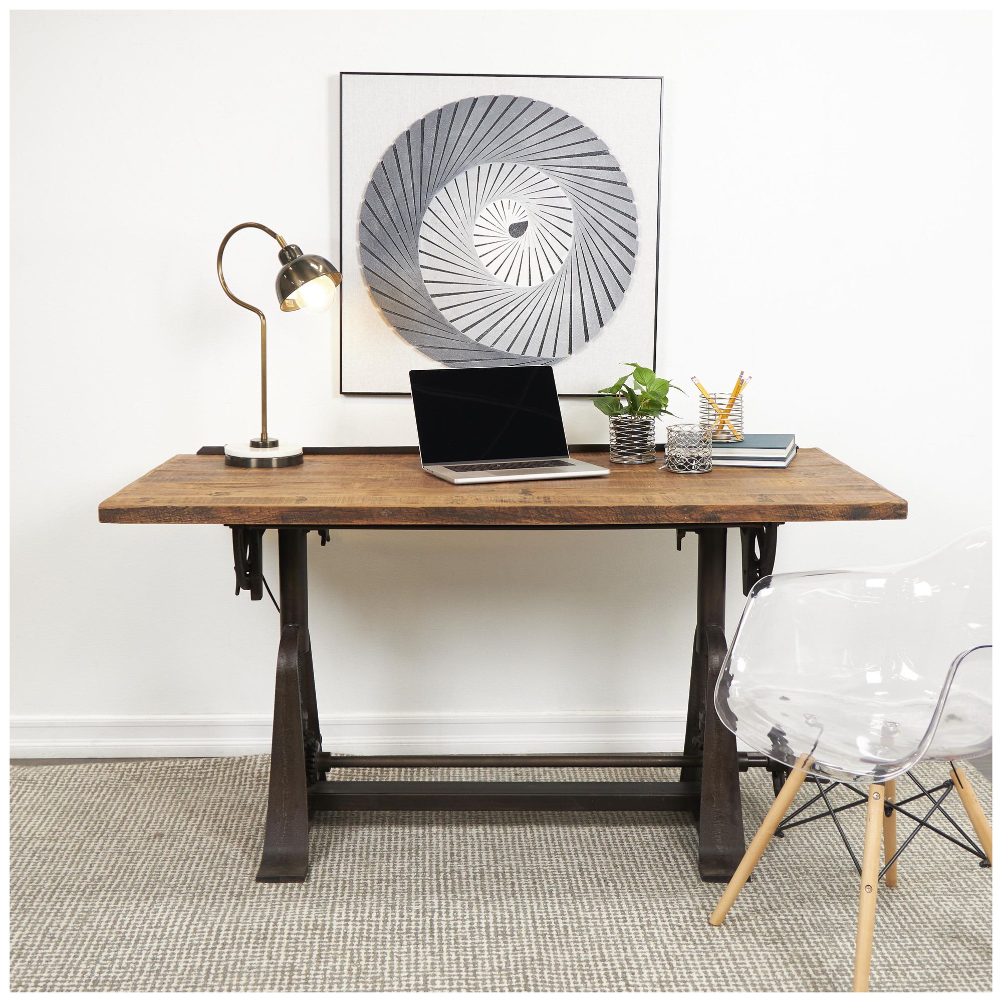Image 4 Brown Teak Wood Industrial Desk, 62" x 30" x 32" more views