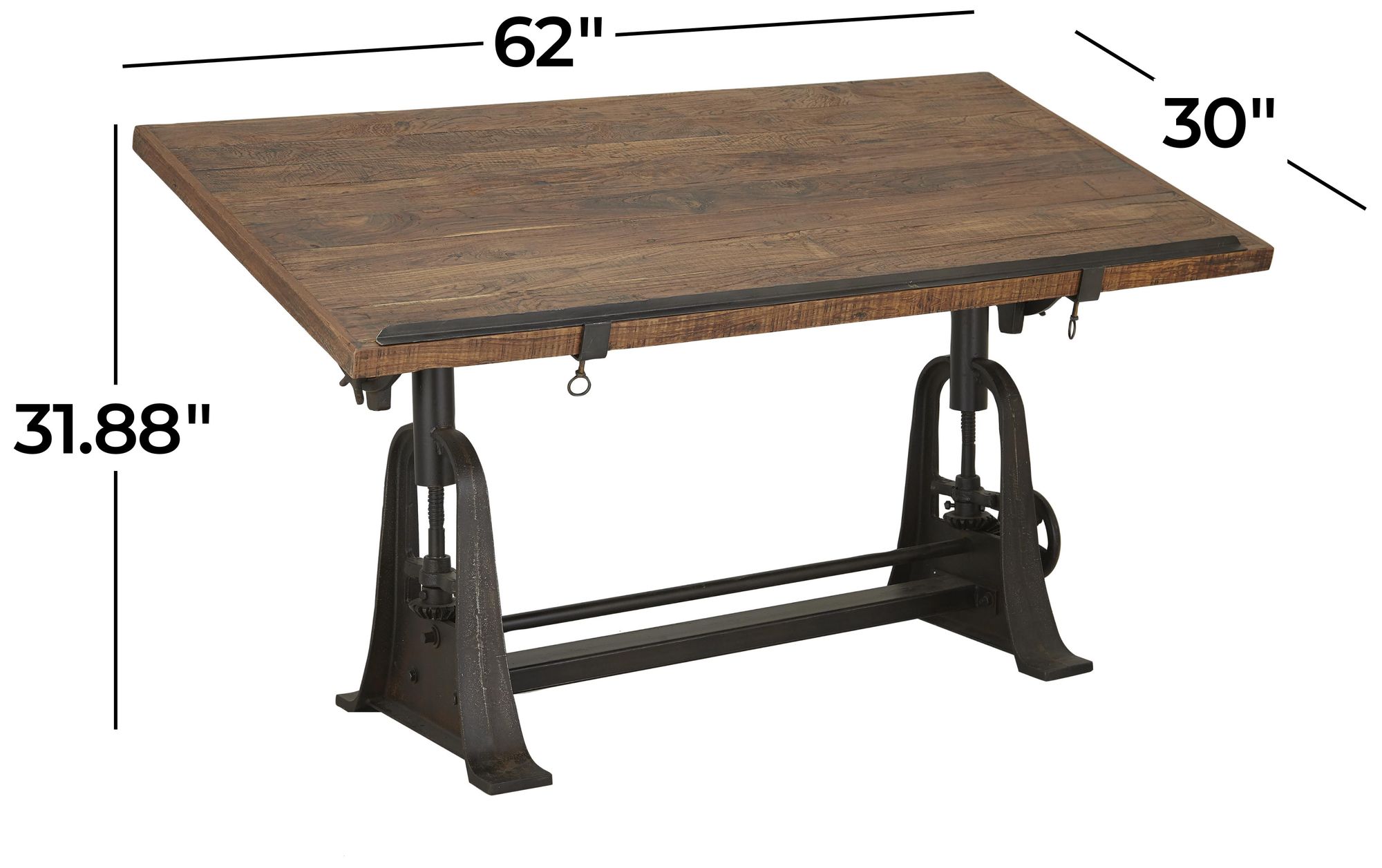 Image 7 Brown Teak Wood Industrial Desk, 62" x 30" x 32" more views