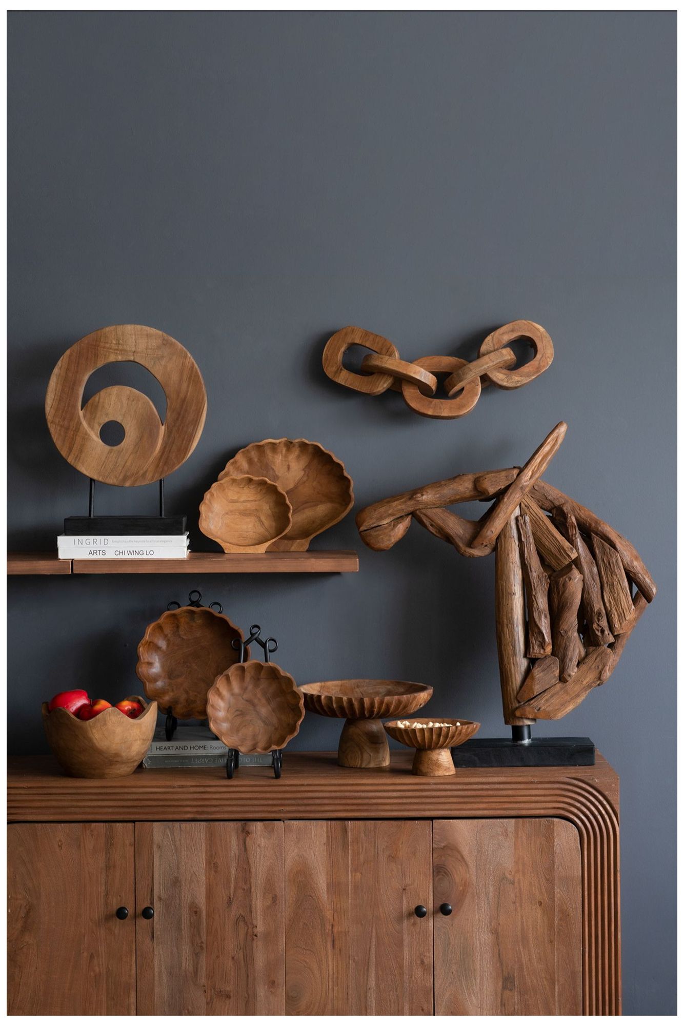 Brown Teak Wood Plate w/ Seashell Design - 7.9"W x 6.7"L x 2"H