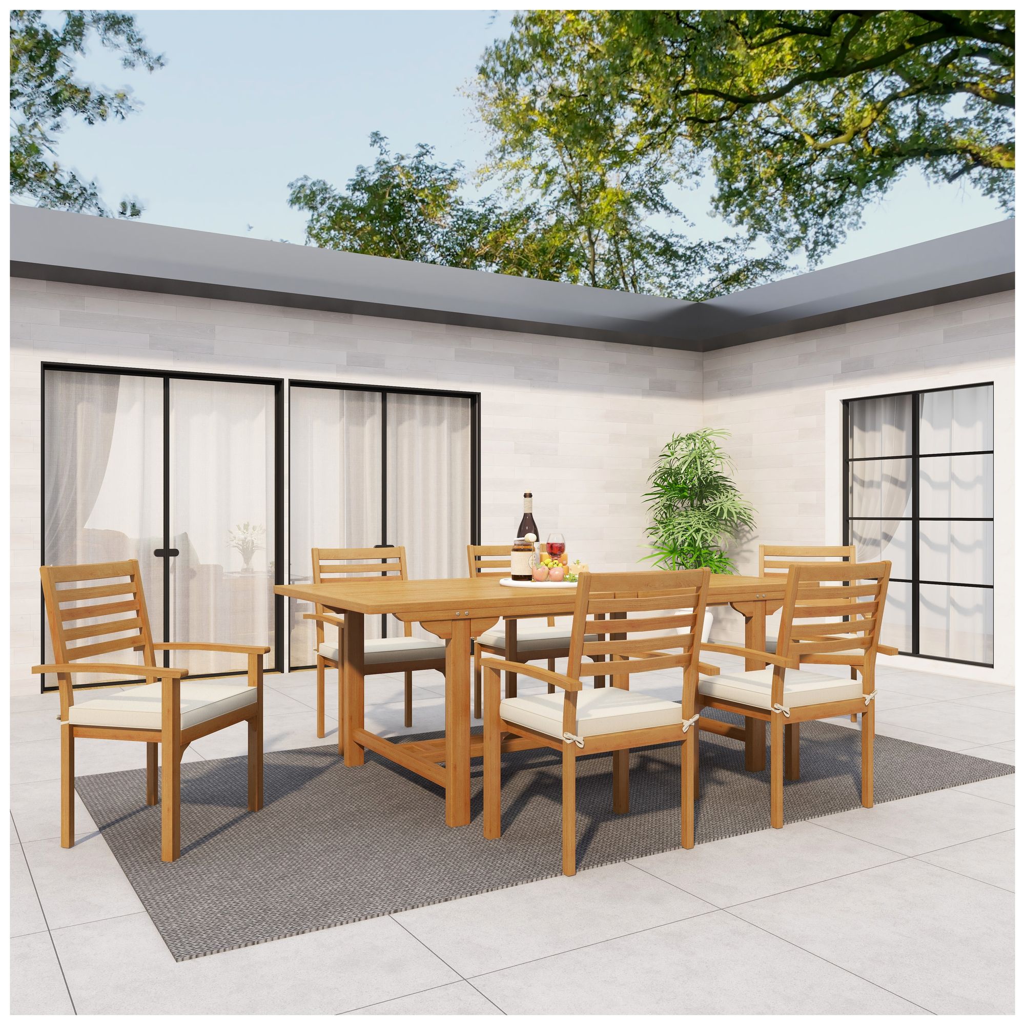 Image 3 Brown Teak Wood Traditional Outdoor Dining Set, S/7 83"W, 31"H more views
