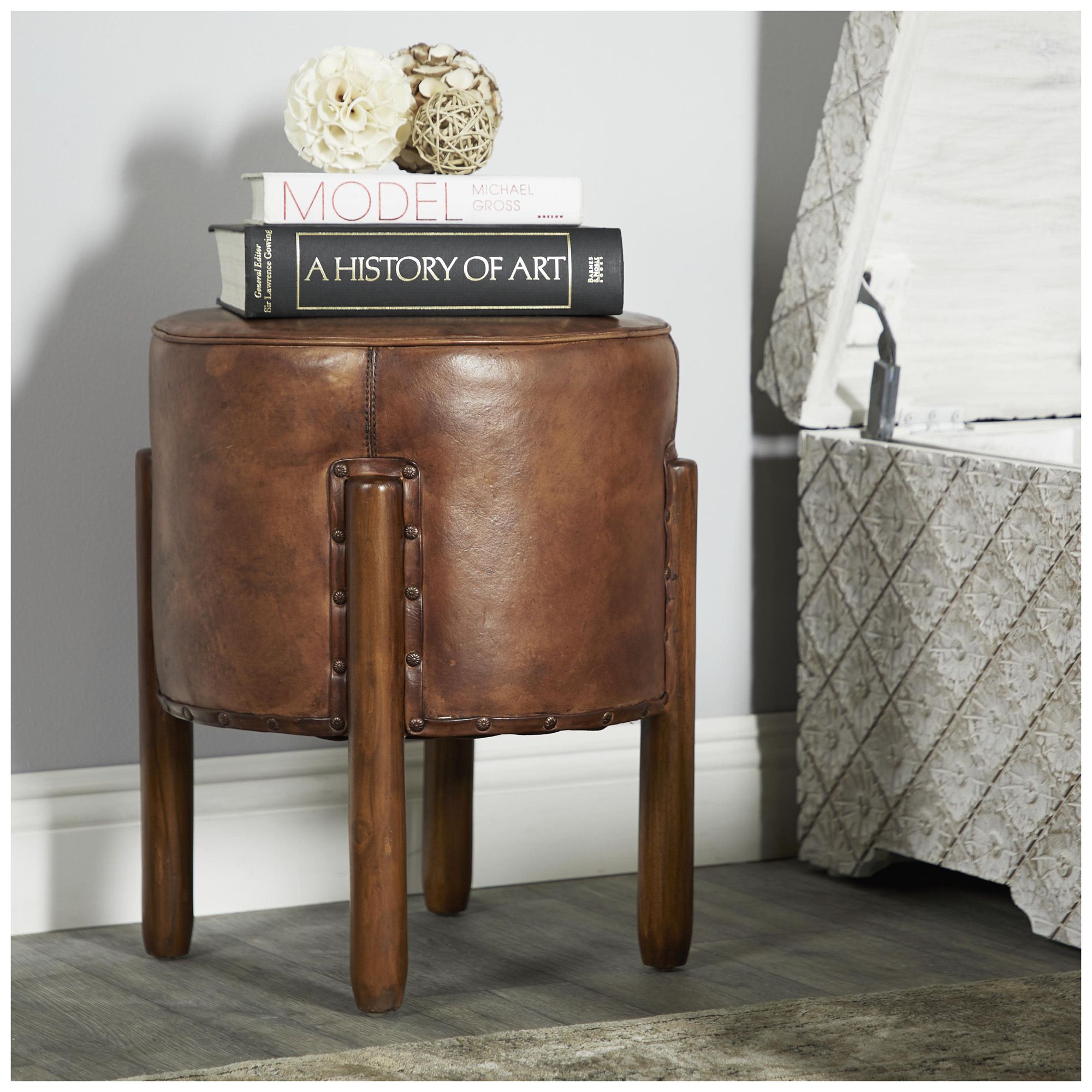 Image 4 Brown Teak Wood Traditional Stool, 17" x 17" x 20" more views