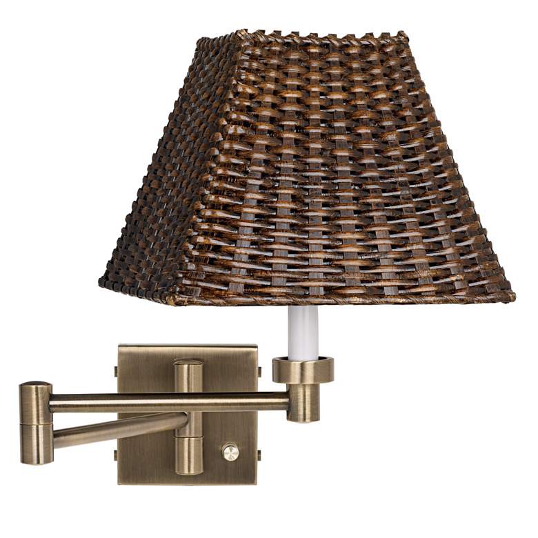 Image 1 Brown Wicker Shade Antique Brass Plug-In Swing Arm Wall Lamp