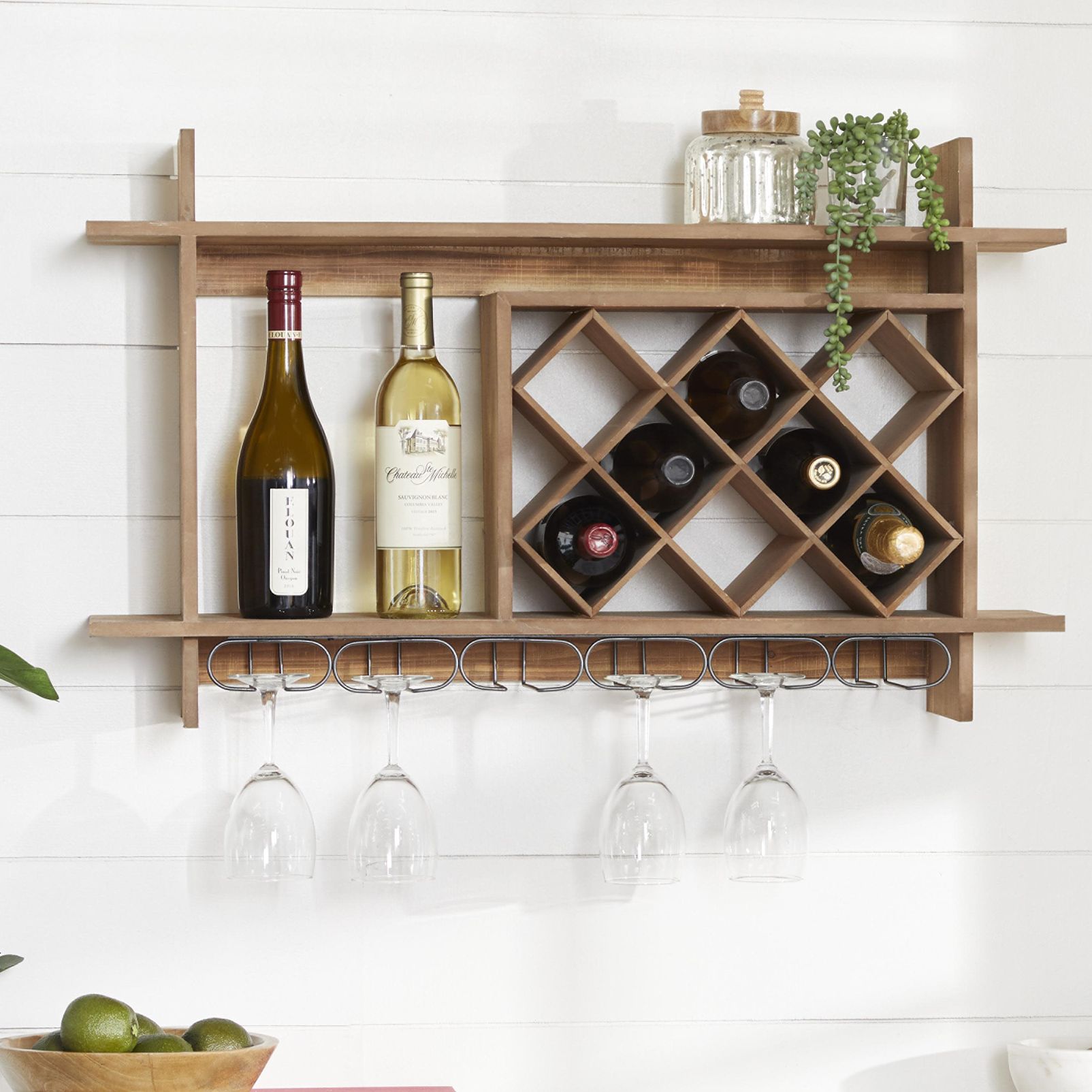 Brown Wood Farmhouse Wall Wine Rack, 34" x 8" x 20"