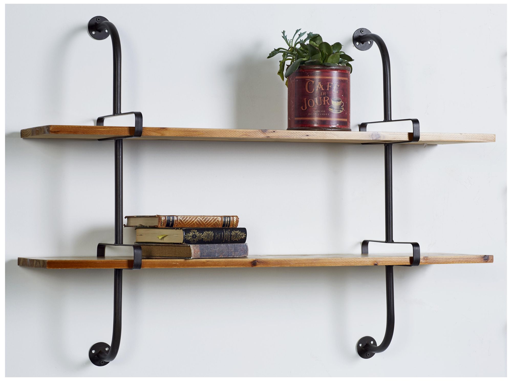 Image 3 Brown Wood Industrial Wall Shelf, 37" x 10" x 29" more views