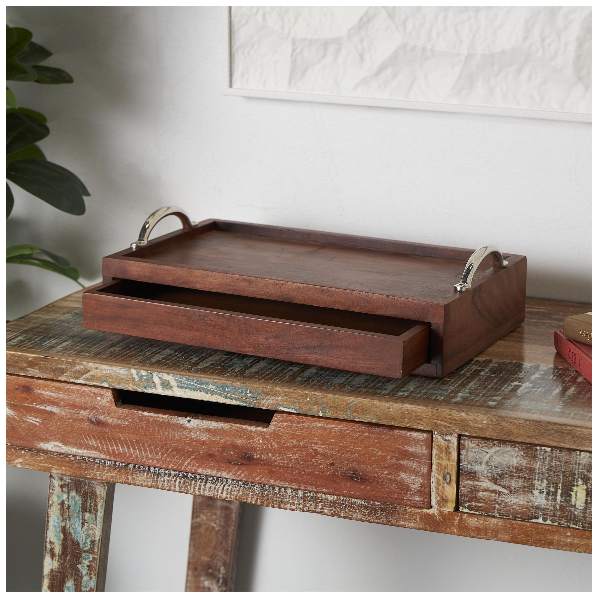 Image 4 Brown Wood Modern Tray, 18" x 11" x 5" more views