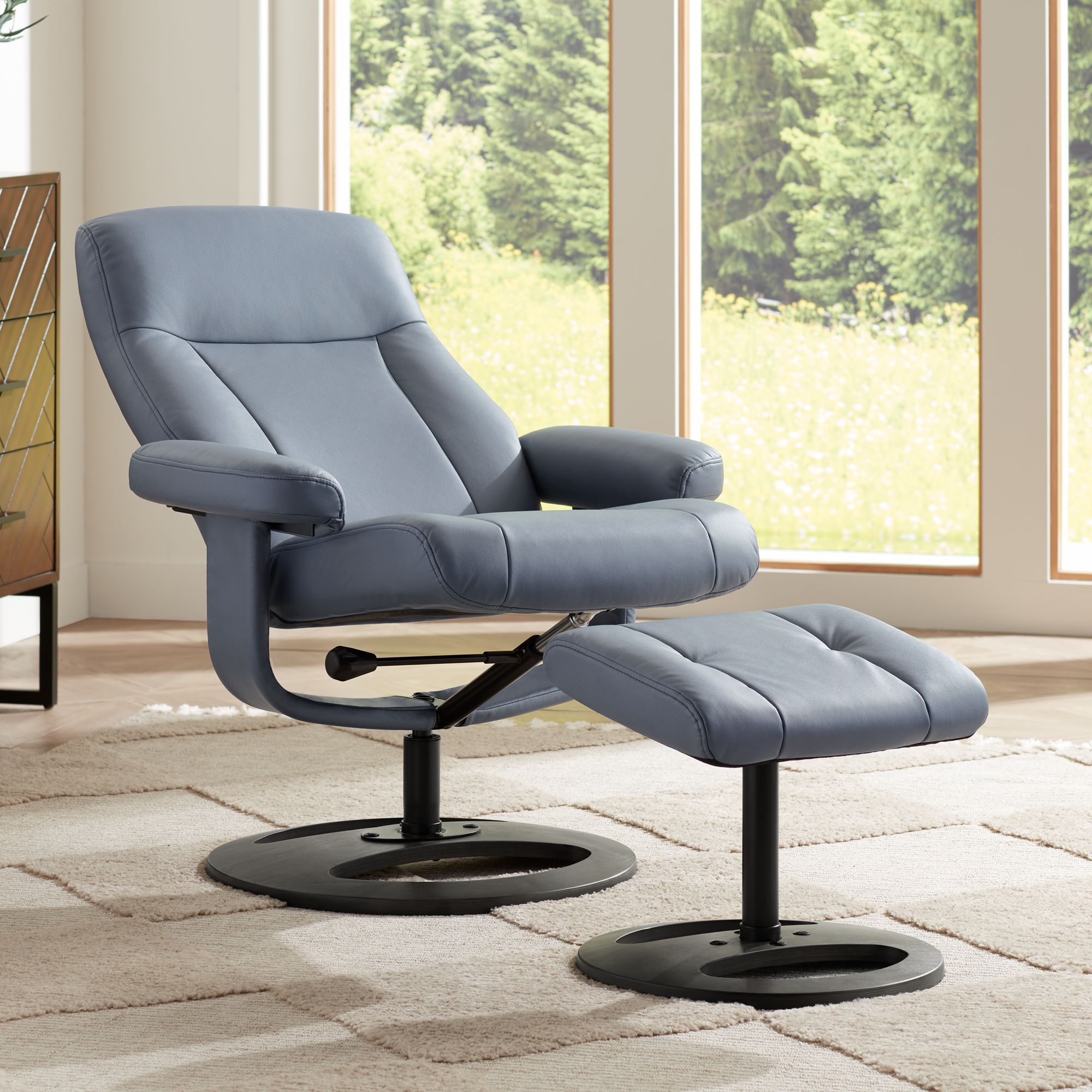 Bruce Bermuda Gray Faux Leather Swivel Recliners and Ottomans Set of 2