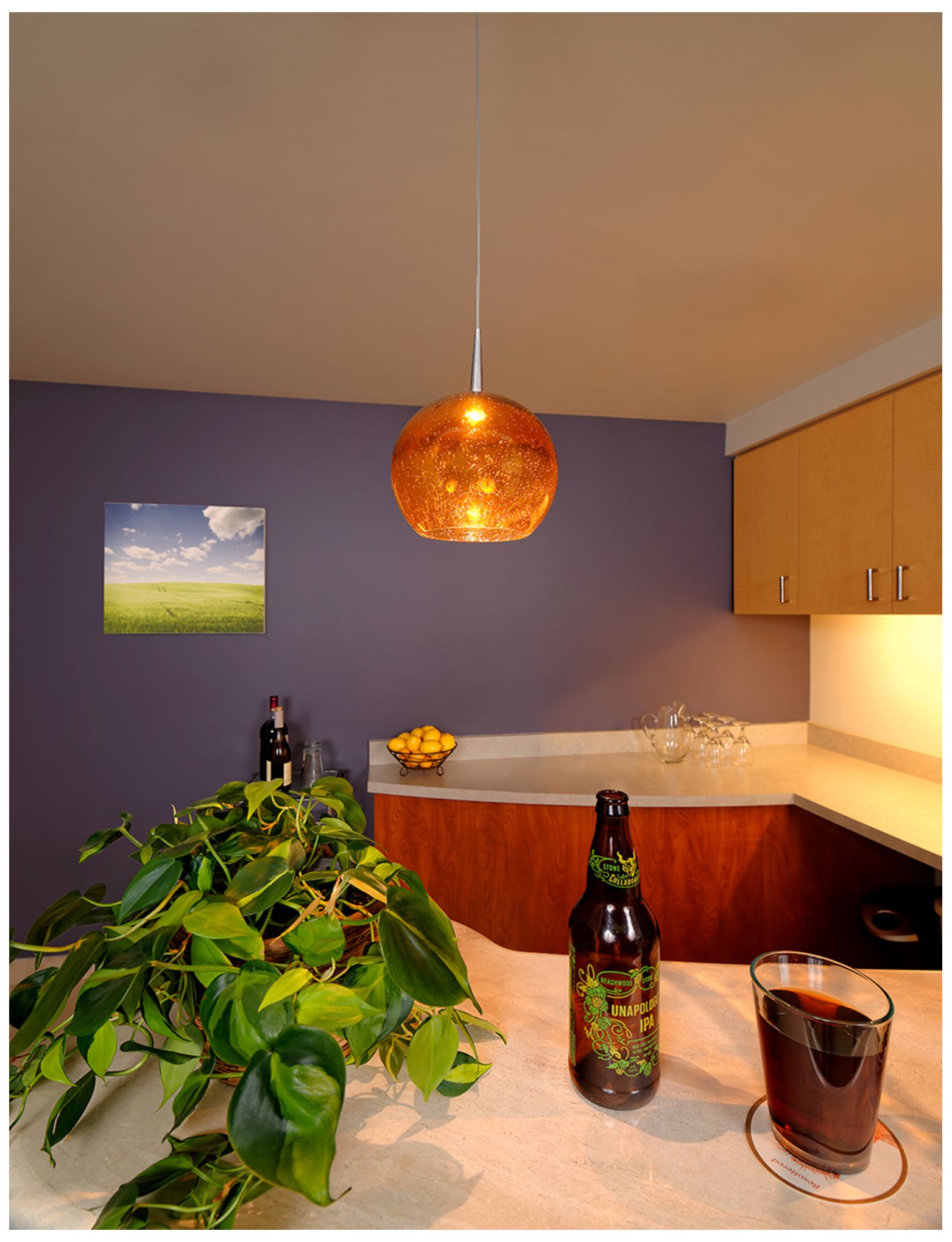 Bruck Bobo-2 Chrome and Amber Glass 6" Wide Mini Pendant.