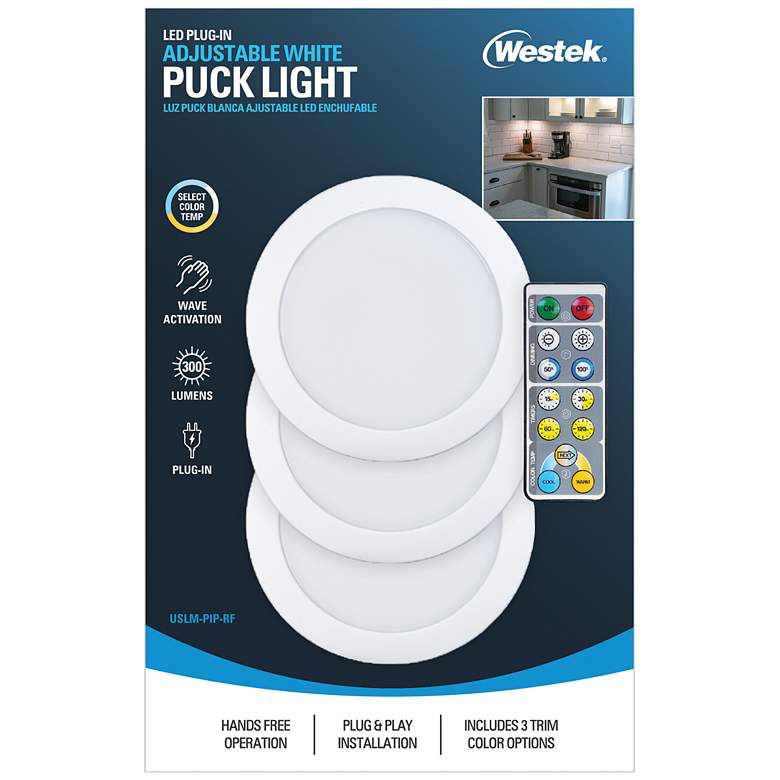 Image 1 Brun 4 1/2"W White Slim LED Plug-In Puck Lights Set of 3