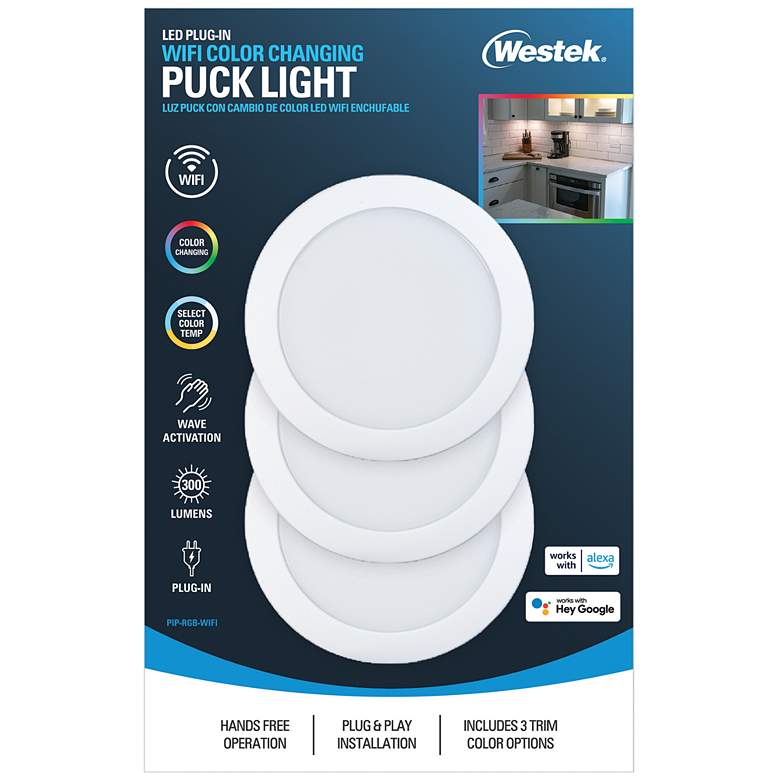 Image 1 Brun 4 1/2 inchWide White Wi-Fi LED Plug-In Puck Lights Set of 3