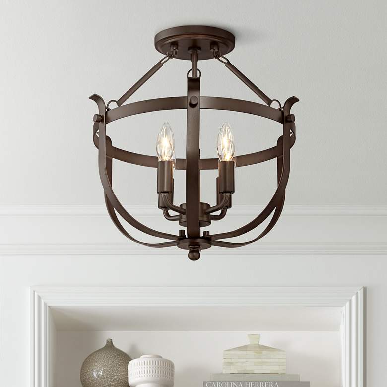Image 1 Brunswick 15" Wide Bronze Cage 4-Light Ceiling Light