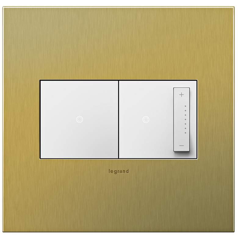Image 1 Brushed Brass 2-Gang Cast Metal Wall Plate with Switch and Dimmer