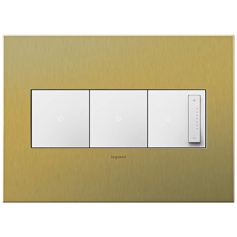 Image 1 Brushed Brass 3-Gang Metal Wall Plate with 2 Switches and Dimmer