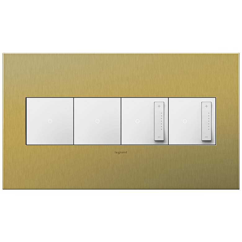 Image 1 Brushed Brass 4-Gang Wall Plate with 2 Switches and 2 Dimmers