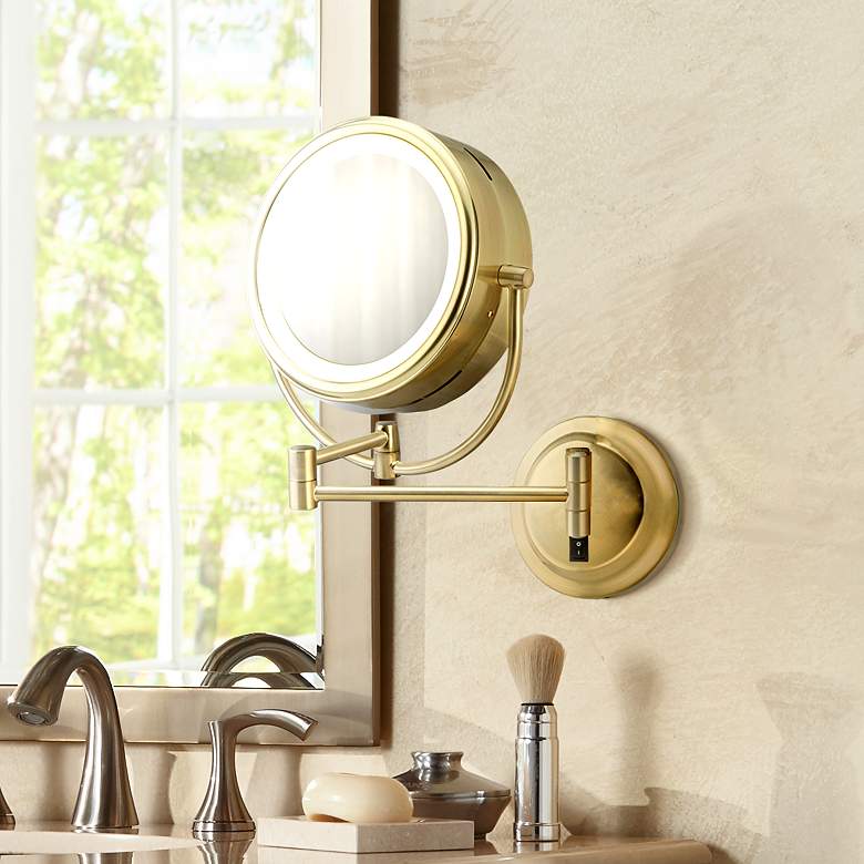 Image 1 Brushed Brass Pivoting 9 inch Wide Hardwired LED Vanity Mirror