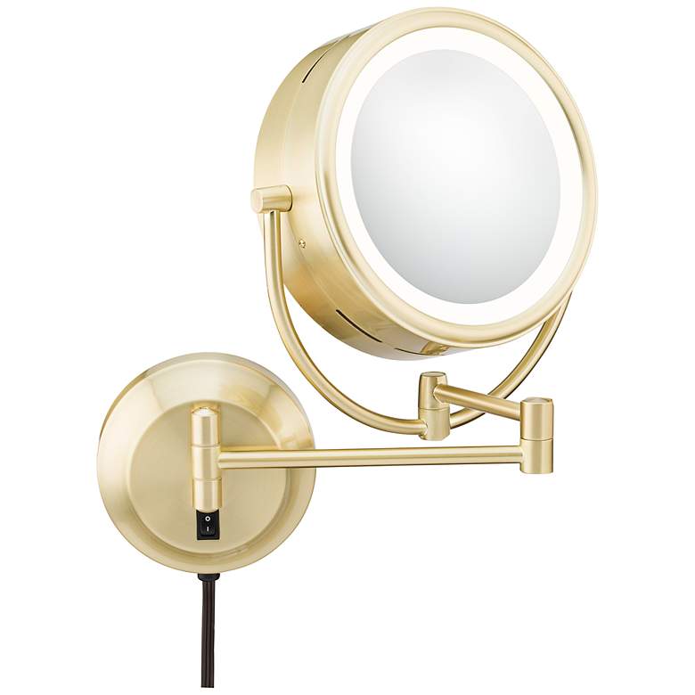 Image 1 Brushed Brass Pivoting 9 inch Wide LED Plug-In Vanity Mirror
