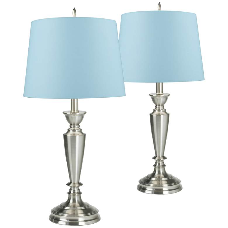 Image 1 Brushed Nickel Blue Hardback Table Lamps Set of 2