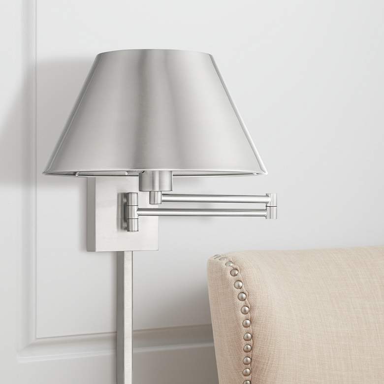 Image 1 Brushed Nickel Metal Swing Arm Wall Lamp with Empire Shade