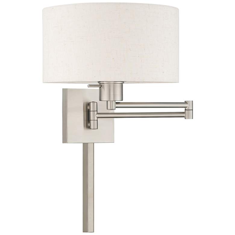 Image 2 Brushed Nickel Swing Arm Wall Lamp with Oatmeal Drum Shade