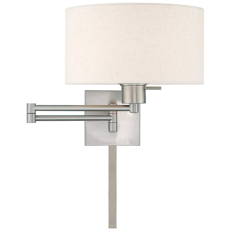 Image 3 Brushed Nickel Swing Arm Wall Lamp with Oatmeal Drum Shade more views