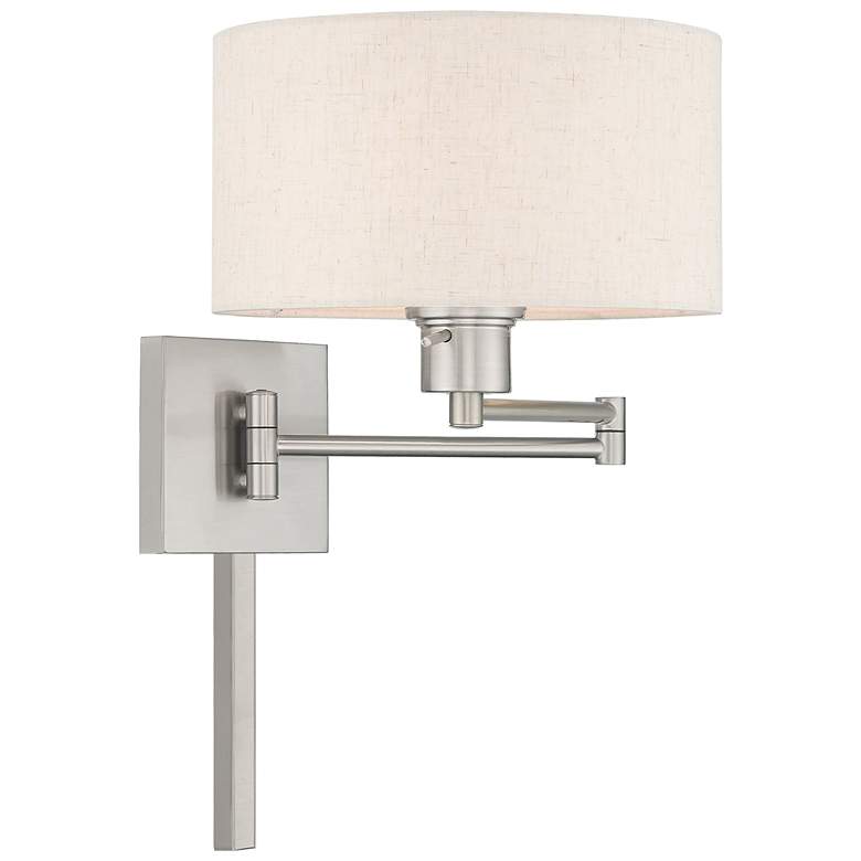 Image 4 Brushed Nickel Swing Arm Wall Lamp with Oatmeal Drum Shade more views