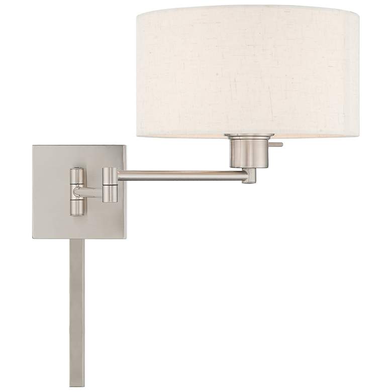 Image 5 Brushed Nickel Swing Arm Wall Lamp with Oatmeal Drum Shade more views