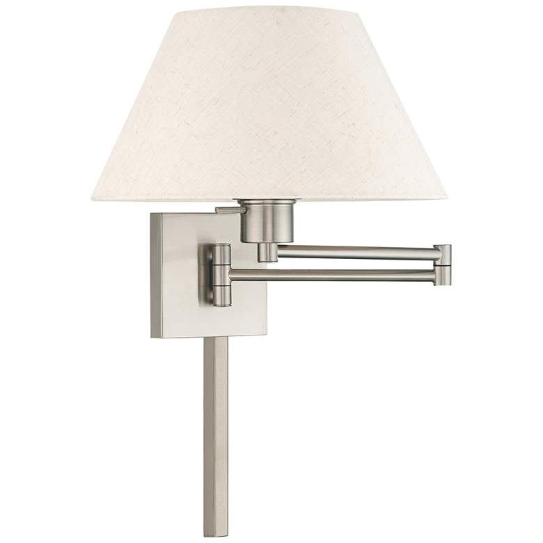 Image 2 Brushed Nickel Swing Arm Wall Lamp with Oatmeal Empire Shade