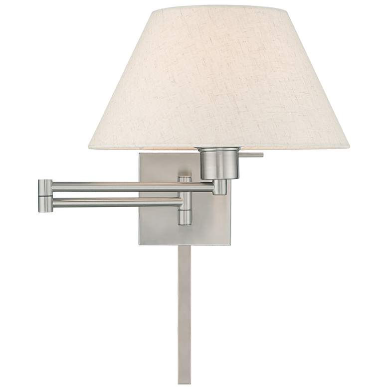 Image 3 Brushed Nickel Swing Arm Wall Lamp with Oatmeal Empire Shade more views