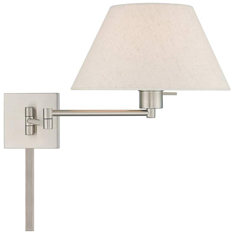 Image 4 Brushed Nickel Swing Arm Wall Lamp with Oatmeal Empire Shade more views